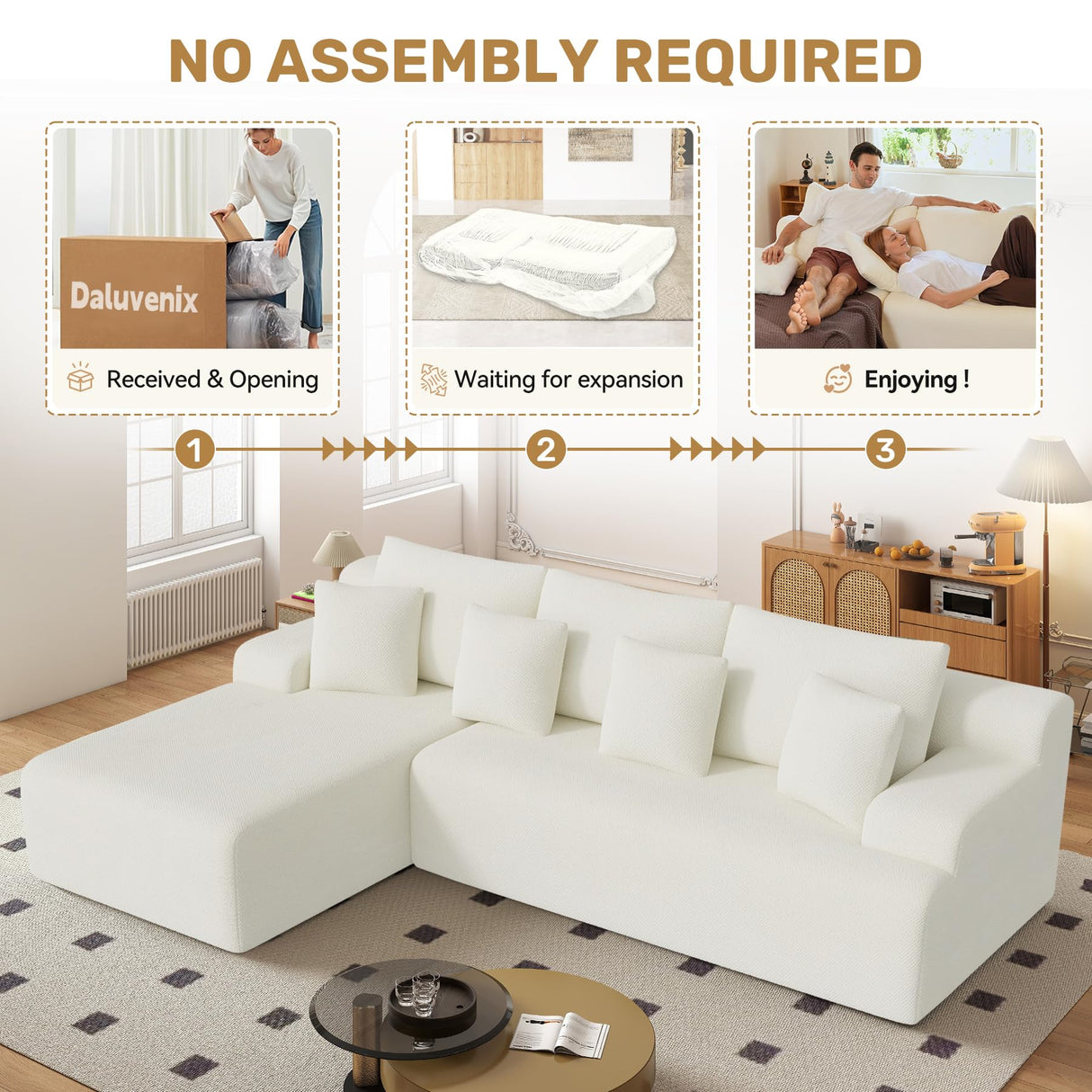 Daluvenix 107" Modern Boneless Couch with L - Shaped Chaise, Comfy Chenille Modular Sectional Sofa Daluvenix