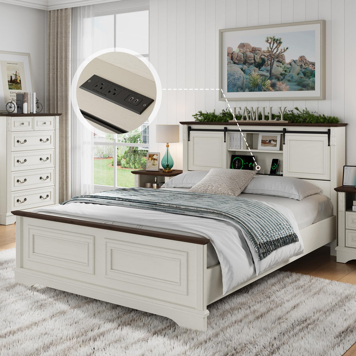 BLANKSPACE Antique White Queen Size Bed Frame with Storage Headboard, Charging Station, Bracket Footboard, Farmhouse Bed Frame with Bookcase and Sliding Barn Doors, Noiseless,No Box Spring Needed BLANKSPACE