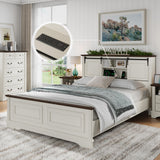 BLANKSPACE Antique White Queen Size Bed Frame with Storage Headboard, Charging Station, Bracket Footboard, Farmhouse Bed Frame with Bookcase and Sliding Barn Doors, Noiseless,No Box Spring Needed BLANKSPACE