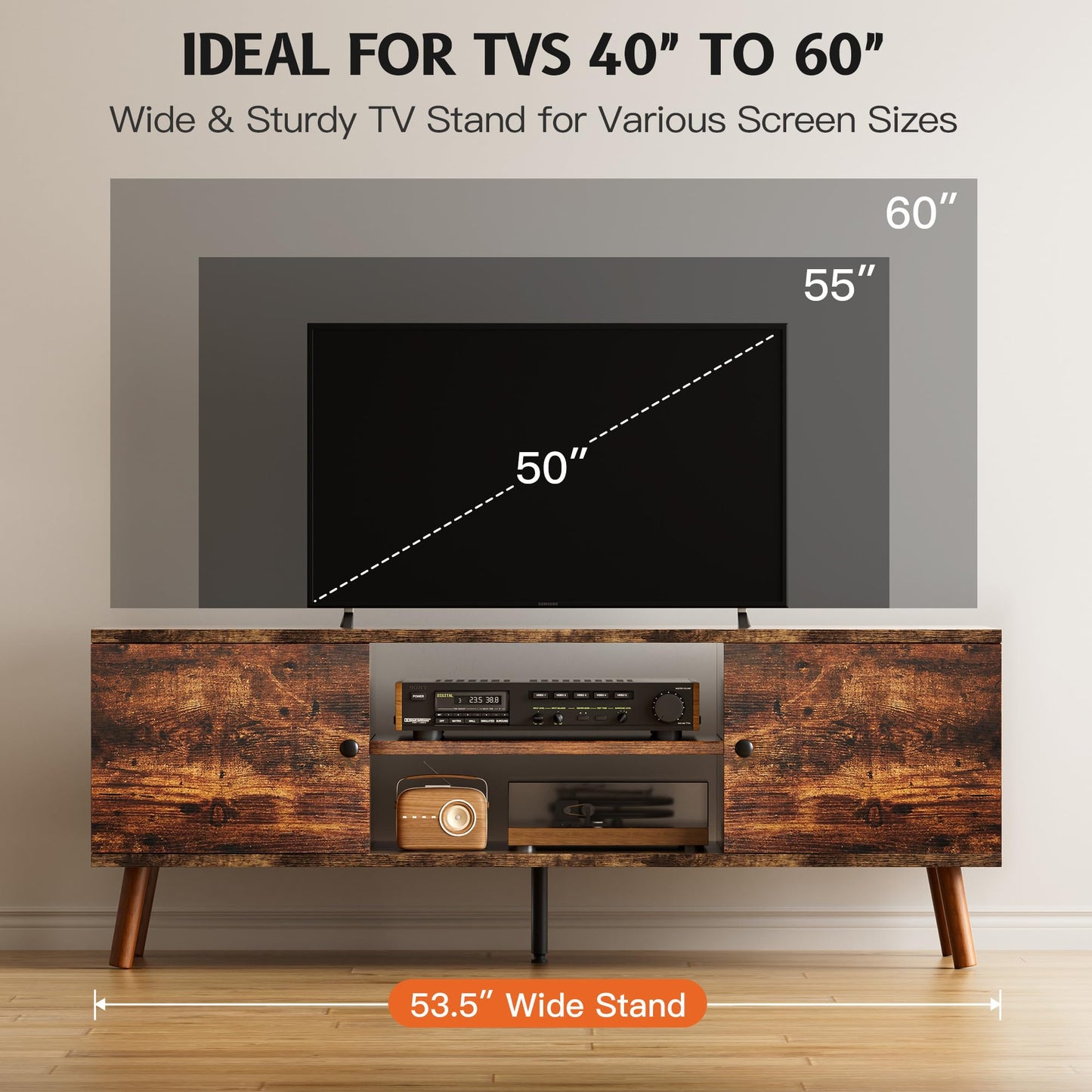 YSSOA TV Stand for 55 60 inch Living Room, 2 Cabinet Media Console Table, Entertainment Center with Storage, Soft Hinge Door with Handle, Wood Feet, Bedroom Furniture-Brown