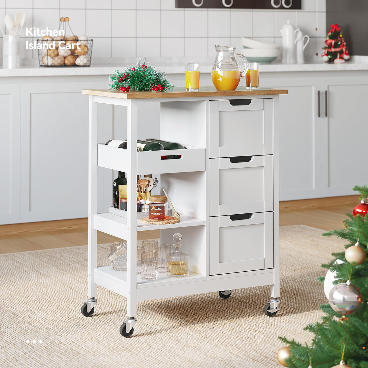YITAHOME Small Solid Wood Top Kitchen Island Cart on Wheels with Storage, Rolling Portable Dining Room Serving Utility Carts Mobile Movable with 3 Drawers Cabinet, Oak & White YITAHOME