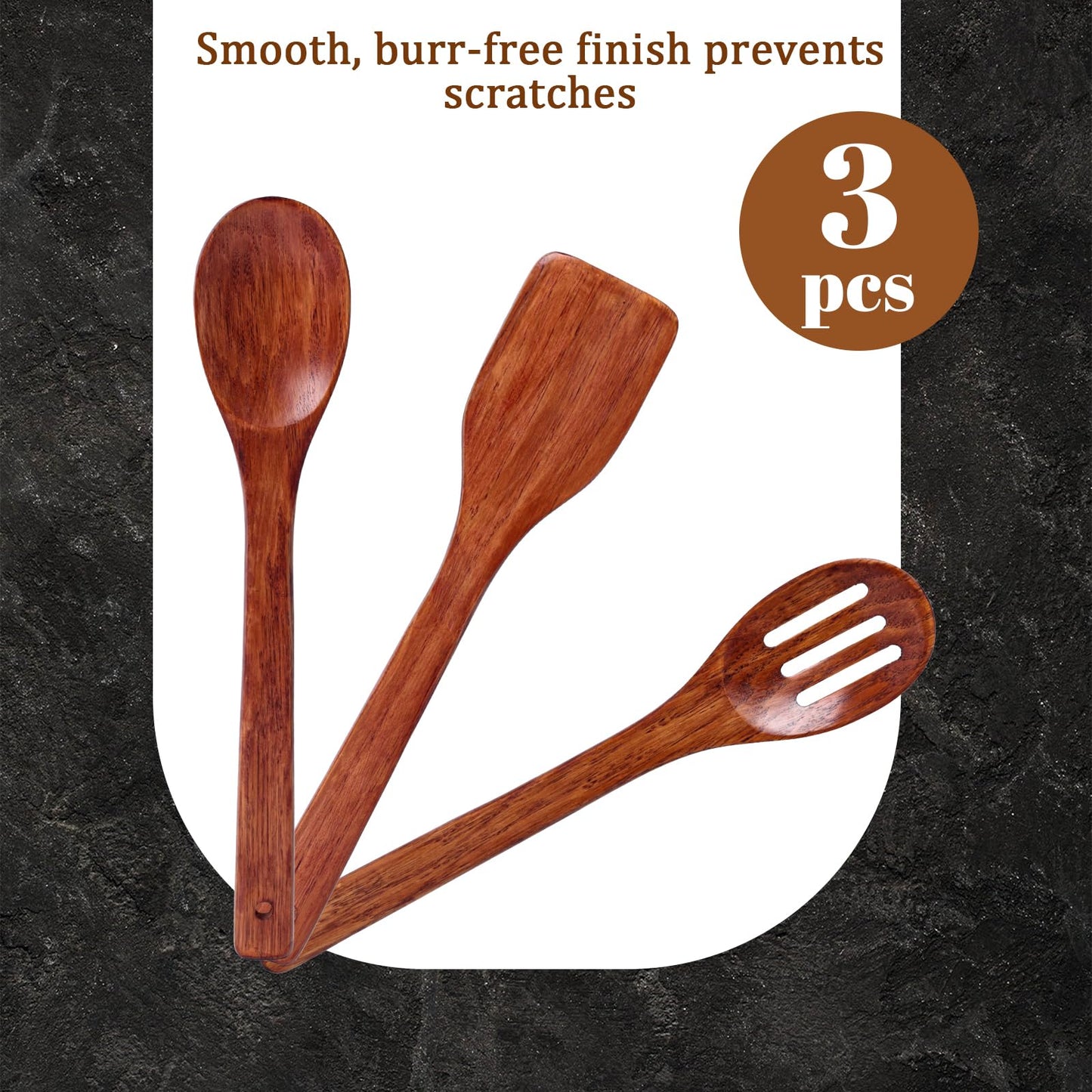 HANSGO 3PCS Wooden Cooking Spatulas, 12inch Wooden Kitchen Utensils Set Dark Brown Wood Spatulas for Cooking Stirring Frying Mixing Sauteing