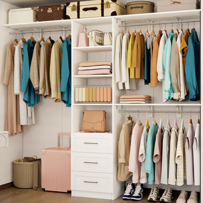 Sokiche Closet System with Drawers, 5FT-8FT Closet Organizer System with Shelves & Adjustable Hanging Rods, 96" Walk in Closet System Storage Wood, White