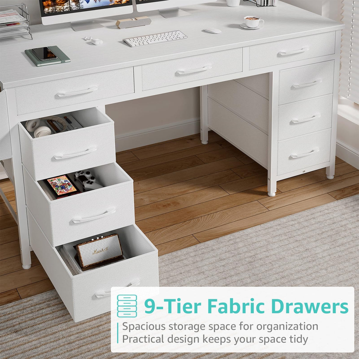 Lufeiya 47 Inch Computer Desk with 9 Drawers, Office Desk Work Desk for Home Office, Study, Writing, Vanity Desk with Fabric Drawers on Both Sides, Large Storage, White Lufeiya