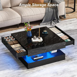 jiteentarou 33.9" LED Coffee Table with Storage, Modern High Glossy Living Room Table w/2 Drawers,Double-Layer Design Large Square Center Table for Living Room, Home, Office, Black Marble jiteentarou