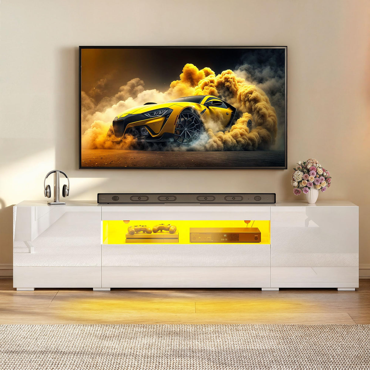 YITAHOME TV Stands for Living Room, 75 inch TV Stand, Entertainment Center with Storage, Modern Television Stands, Led TV Stand, High Glossy Gaming Media Stand, White YITAHOME