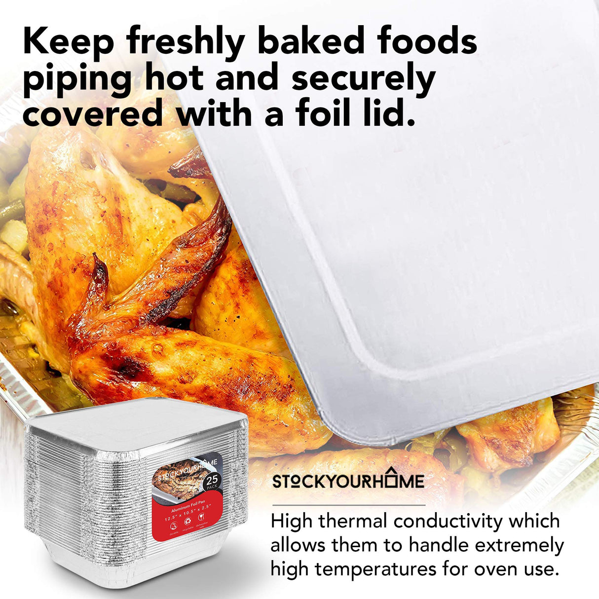 Foil Pans with Lids - 9x13 Aluminum Pans with Covers - 25 Foil Pans and 25 Foil Lids - Disposable Food Containers Great for Baking, Cooking, Heating, Storing, Prepping Food Silver Stock Your Home