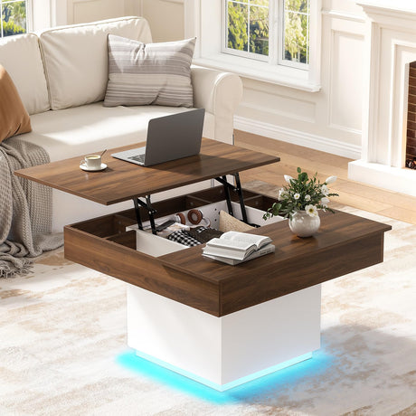 FABATO Lift Top Coffee Table with LED Light and Charging Station, 31.5 Inch Square Coffee Table with Hidden Storage, Modern Farmhouse Center Table for Living Room, Reception Dinning Room, White FABATO