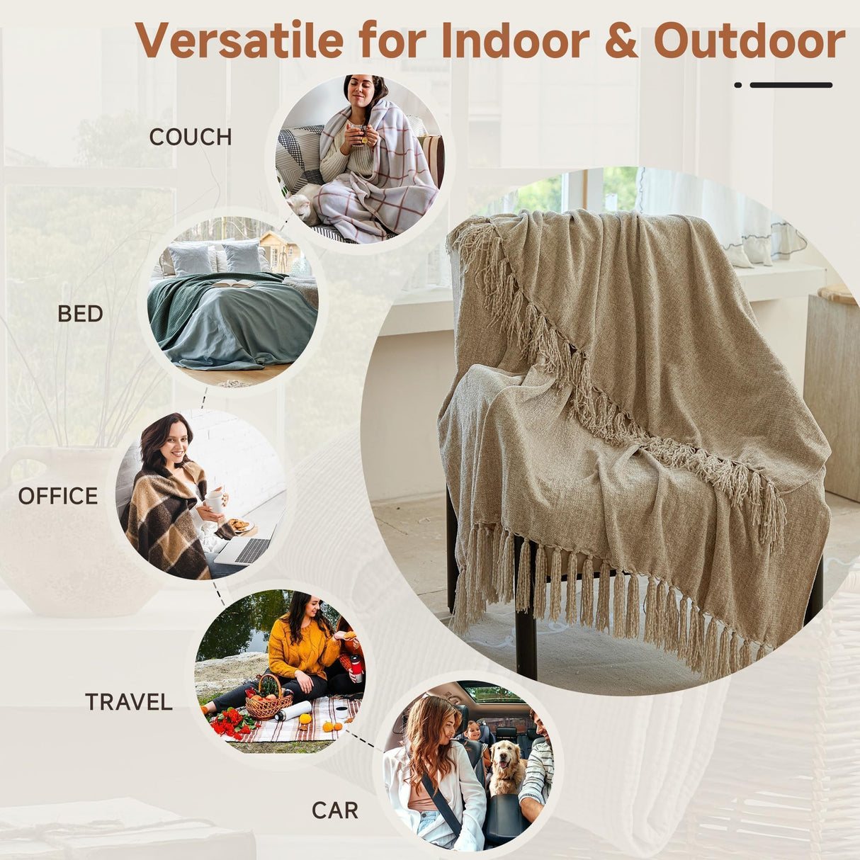 Simple&Opulence Soft Chenille Throw Blanket 50'' x 60'' - Cozy Fluffy Blanket with Fringe Tassel, Farmhouse Boho Blankets for Couch Bed Office Chair Gift Home Decor All Season Use, Khaki Simple&Opulence
