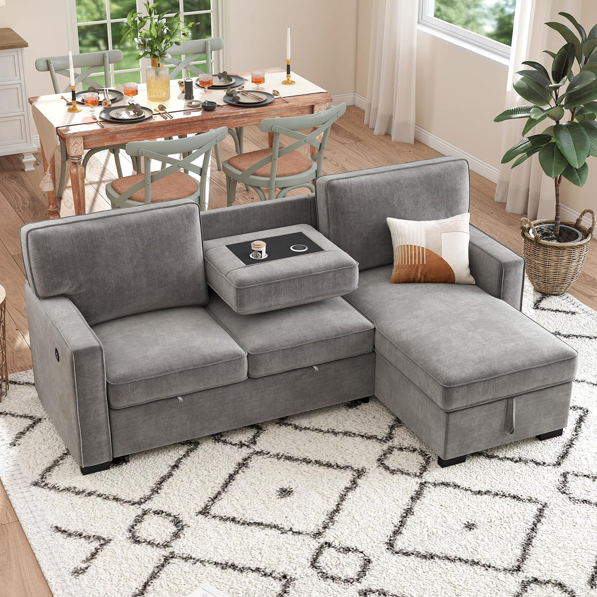 HAOMARKETS L Shaped Convertible Sleeper Sofa Bed, 90” Pull Out Couch Bed with Cup Holders and USB Charging Port, Sectional Couch Reversible Chaise with Storage for Living Room Apartment, Grey HAOMARKETS