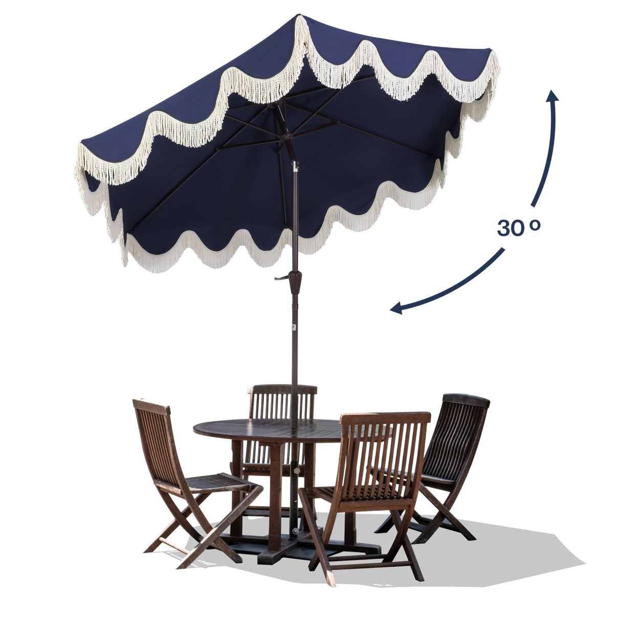 JONATHAN Y UMB1001D Collins 9 ft. Classic Cottage Tassel Market Patio Umbrella with Auto-Tilt, Crank, Wind Vent and UV Protection in Navy/Cream JONATHAN Y