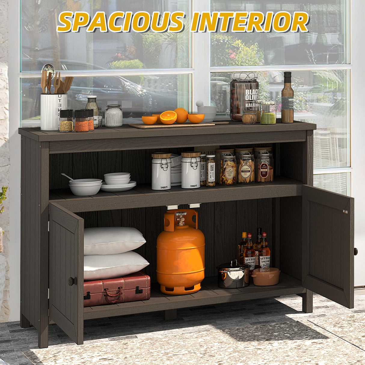 DWVO Poly Lumber Outdoor Sideboard, Patio Bar Table with Storage and Shelves, Weather Resistant Storage Cabinet for Outdoor, Pool and Garden - Espresso DWVO