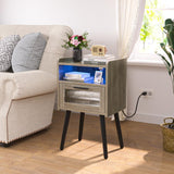 HAIOOU Set of 2 Mid Century Nightstand with Charging Station, Mid Century LED Light Modern End Table with Drawer, Glass Door, Open Shelf, Small Side Table Pine Wood Legs for Home Bedroom Living Room HAIOOU