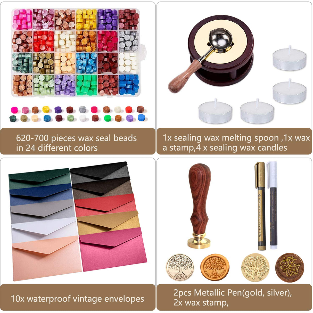 ZYNERY Sealing Wax Kits, 643pcs Wax Seal Beads with Gift Box, Wax Seal Stamp, Melting Furnace, Melting Spoon, Envelopes/Tealight Candles/Wax Stamp/Metallic Pen for Envelope Stam ZYNERY