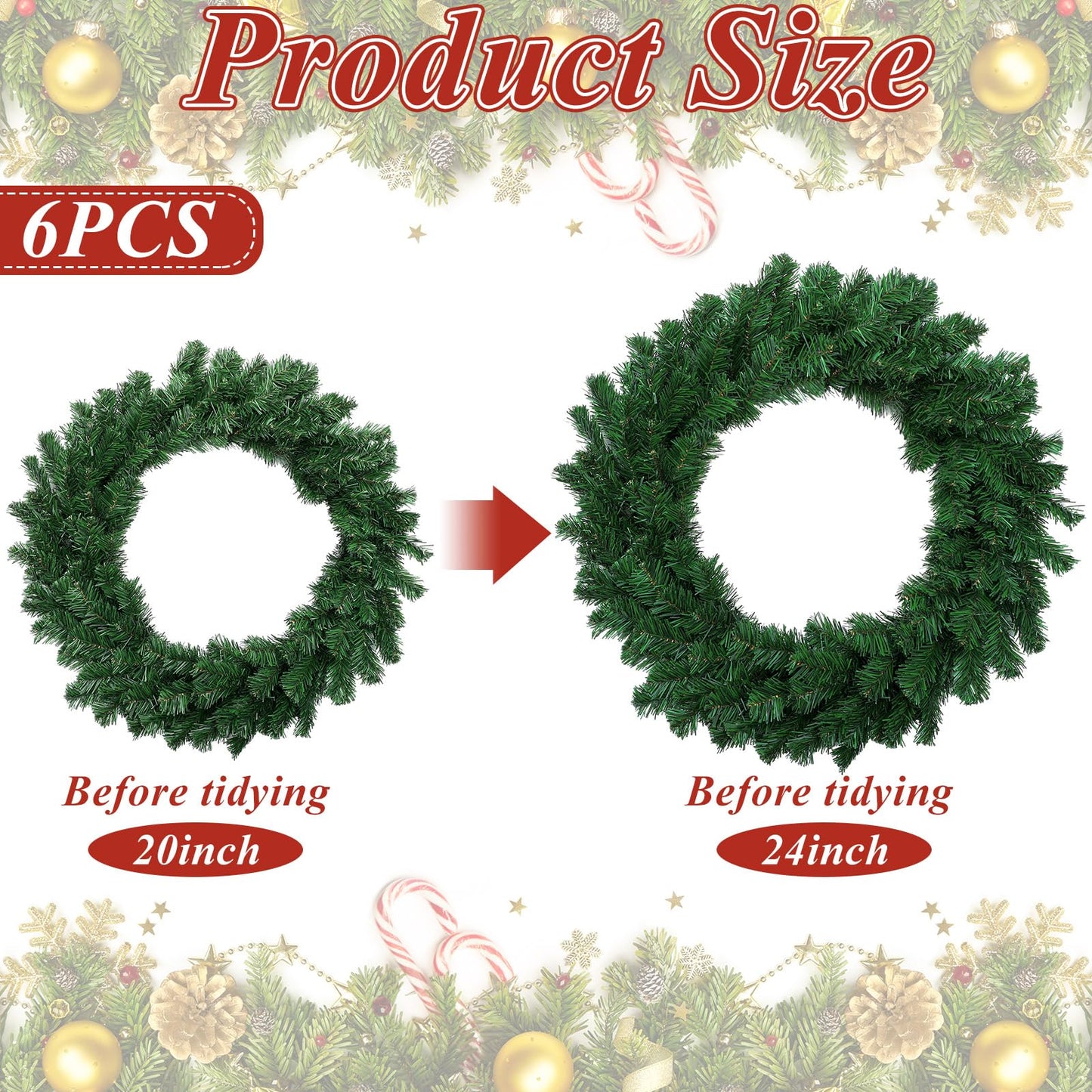 Hotop 6 Pcs 24 Inch Pre Lit Christmas Wreath with Lights Large Artificial LED Christmas Front Door Wreath for Xmas Holiday Party Decorations Fireplaces Porch Wall Ornament