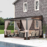 Gotland 10FTx12FT Outdoor Wall-Mounted Hardtop Pergola, Metal Frame Gazebo with Sloping Sun Panel Roof and Double Curtains for Patio, Garden, Lawn, Khaki Gotland