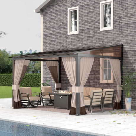 Gotland 10FTx12FT Outdoor Wall-Mounted Hardtop Pergola, Metal Frame Gazebo with Sloping Sun Panel Roof and Double Curtains for Patio, Garden, Lawn, Khaki Gotland