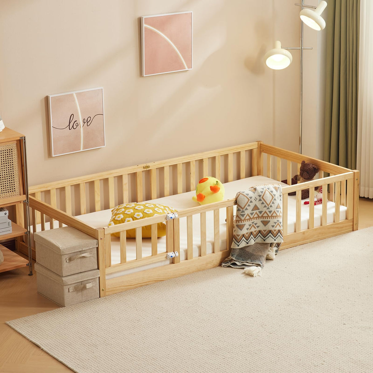Karl home Toddler Floor Bed with Door and Fence for Kids, Montessori Bed with 12 Slats and Safety Guardrails,Kids Bed Solid Wood Twin Bed Frame for Girls, Boys (Natural) Karl home
