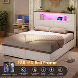 MSmask Farmhouse Queen Bed Frame with Bookcase and Storage Cabinets Headboard, Wood Platform Bed with LED Lights, Charging Station, 4 Drawers, Decoration Footboard, No Box Spring Needed, White MSmask