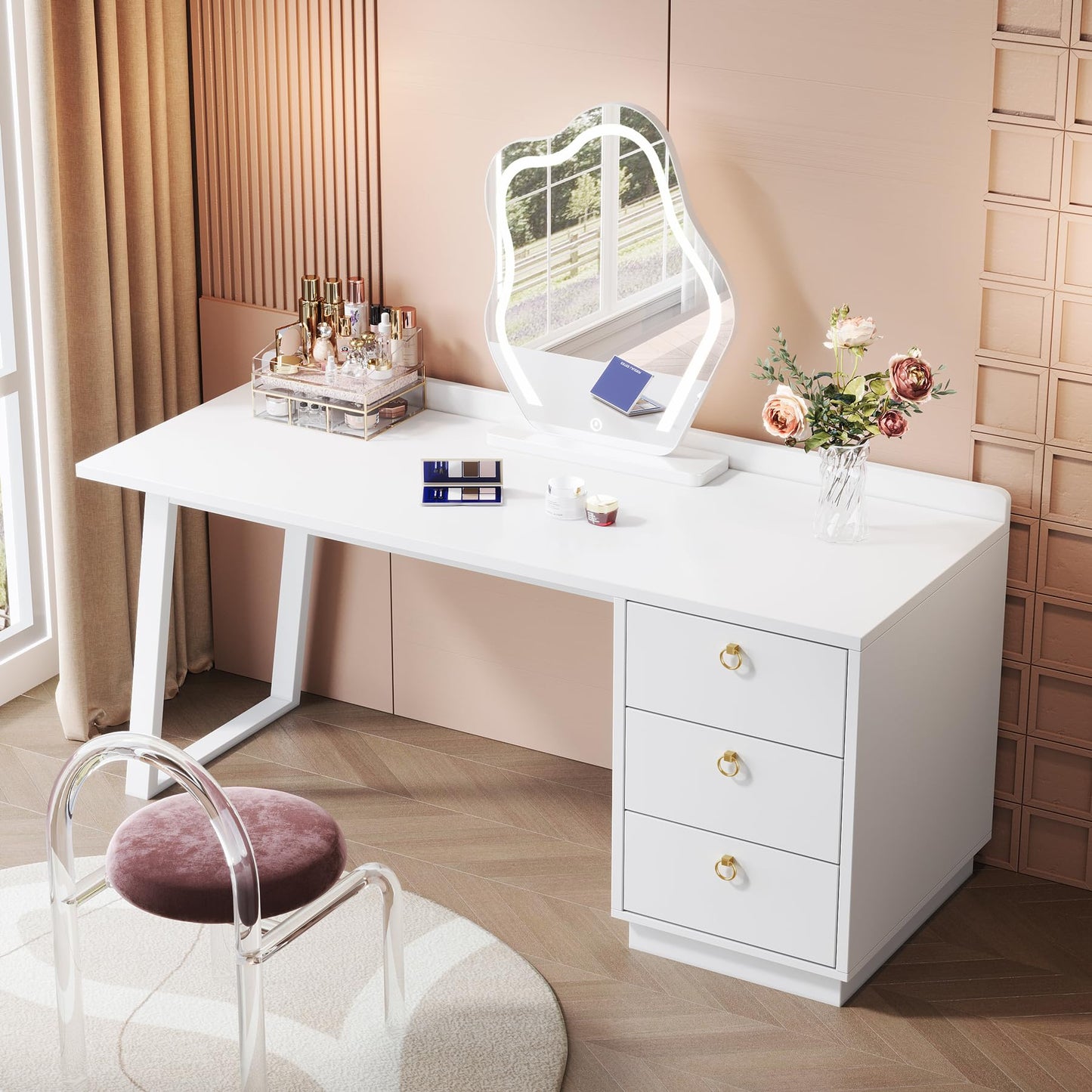 Tribesigns White Makeup Vanity Desk: Modern 55 Inches Vanity Table with 3 Drawers, Corner Wood Dressing Table Make Up Vanity, White and Gold Girls Women Vanity for Bedroom, No Mirror