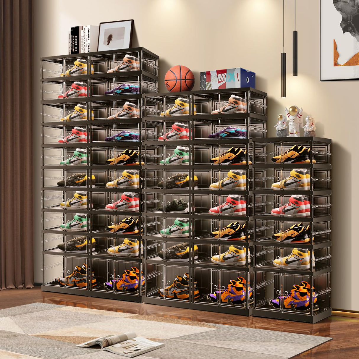 EHAMILY 10 Tiers 20-40 Pairs Foldable Shoe Boxes Large Plastic Shoe Storage Rack Collapsible Shoe Organizer for Closet Clear Stackable Shoes Shelf Storage Cabinet with Doors Quick Assembly Black EHAMILY
