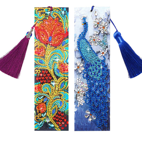 2 Pcs Diamond Painting Tassels Bookmarks Art 5D DIY Rose and Peacock Kits Leather Bookmark for Graduation Anniversary Birthday Christmas Kids Adults Beginners Miyolo