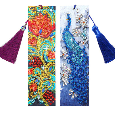 2 Pcs Diamond Painting Tassels Bookmarks Art 5D DIY Rose and Peacock Kits Leather Bookmark for Graduation Anniversary Birthday Christmas Kids Adults Beginners