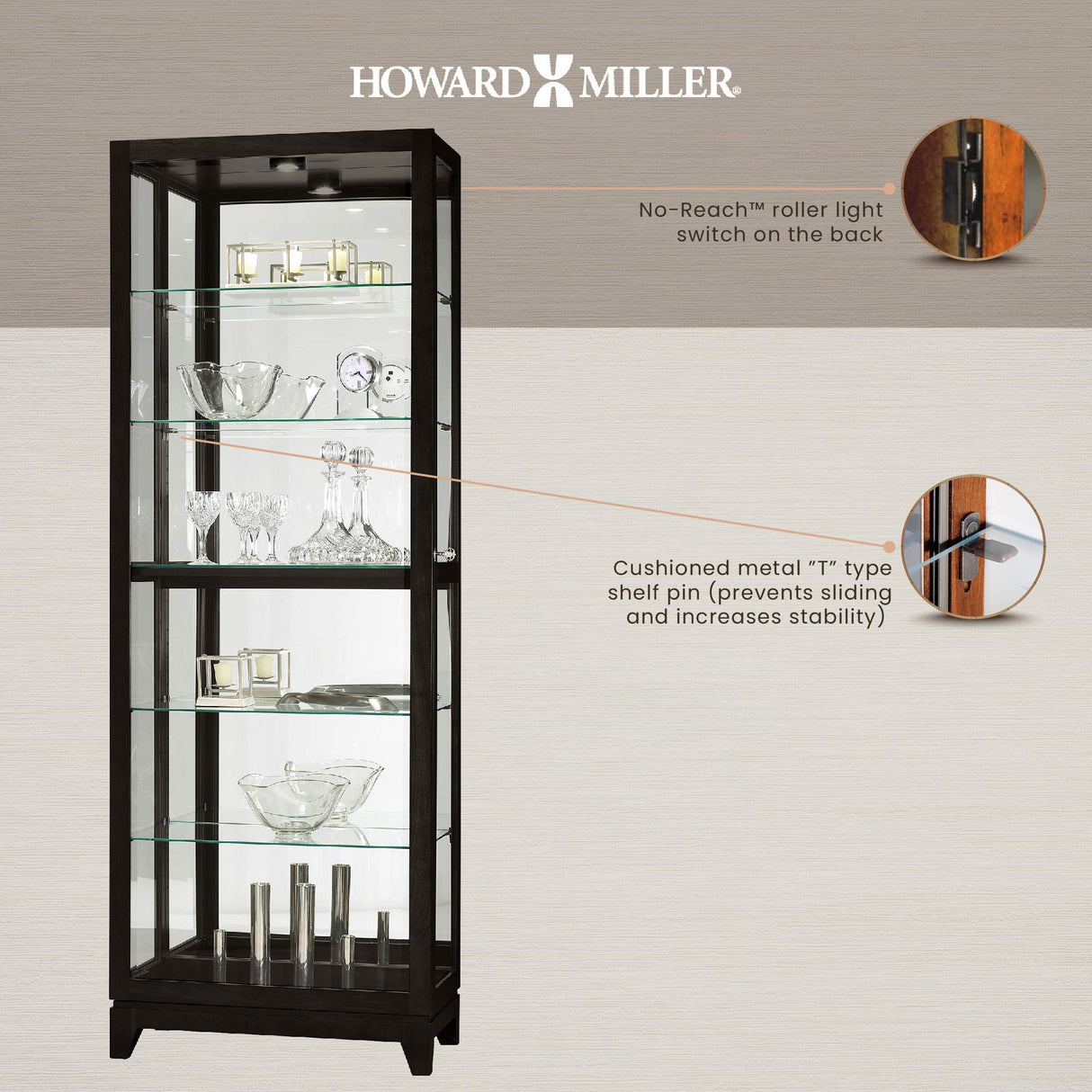 Howard Miller Luke IV Curio Cabinet - Heighted Showcase Black Finish Beveled Glass Door Adjustable Shelves Illuminated Interior Lightning Perfect for Living Room Office and Room Decor Howard Miller