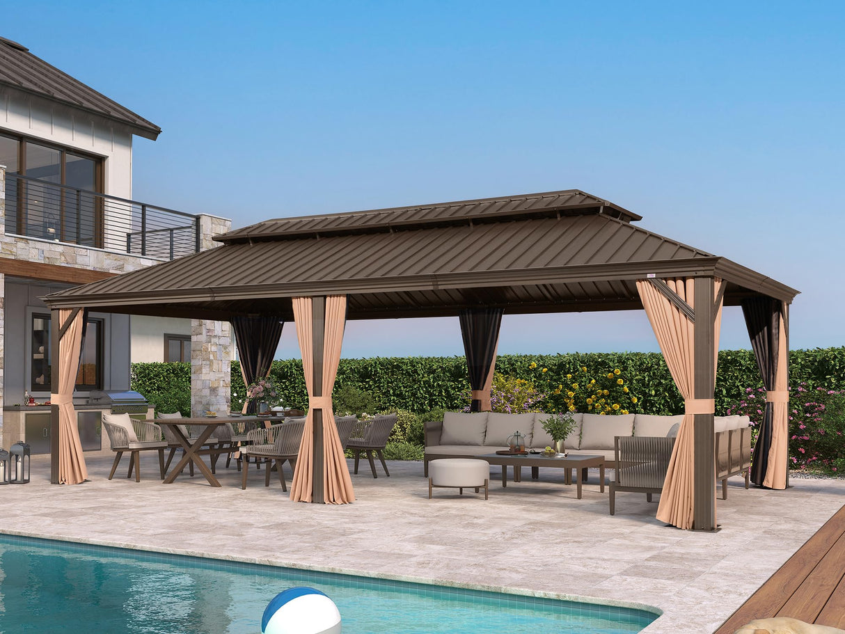 PURPLE LEAF 14' X 28' Outdoor Hardtop Gazebo Patio Wide Aluminum Frame Galvanized Steel Double Roof with Heavy Duty Netting and Curtains for Permanent Hard Top Pavilion Screen Khaki PURPLE LEAF
