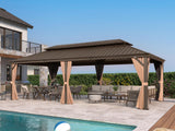 PURPLE LEAF 14' X 28' Outdoor Hardtop Gazebo Patio Wide Aluminum Frame Galvanized Steel Double Roof with Heavy Duty Netting and Curtains for Permanent Hard Top Pavilion Screen Khaki PURPLE LEAF