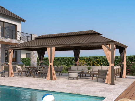 PURPLE LEAF 14' X 28' Outdoor Hardtop Gazebo Patio Wide Aluminum Frame Galvanized Steel Double Roof with Heavy Duty Netting and Curtains for Permanent Hard Top Pavilion Screen Khaki PURPLE LEAF