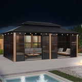 PURPLE LEAF 12' X 20' Patio Hardtop Gazebo Double Top Outdoor Screen House Aluminum Solarium Backyard Sun Room with Detachable Windows and 36 Solar String Light PURPLE LEAF