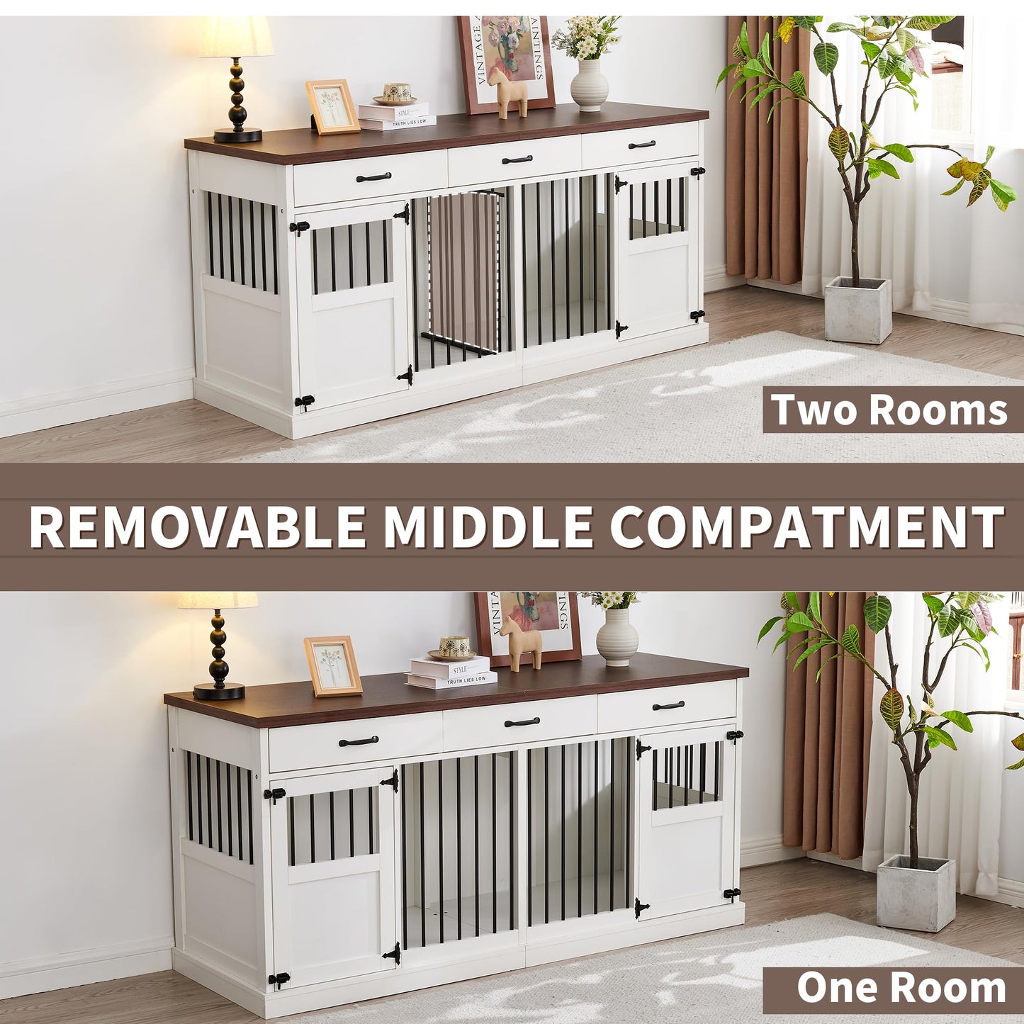 70.9 inches Dog Crate Furniture for 2 Dogs Double Dog Crate Wooden Heavy Duty Dog Kennel Furniture TV Stand with 3 Drawers for Large Medium Dogs White - WoodArtSupply