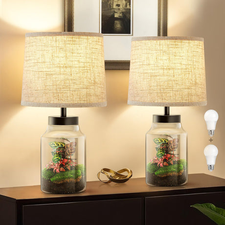 GyroVu Table Lamp Set, Fillable Table Lamp with Clear Glass Nightstand Lamp Set of 2 Beside Lamp for Living Room Bedrooms Office Bulbs Included(Oat Lampshade) GyroVu