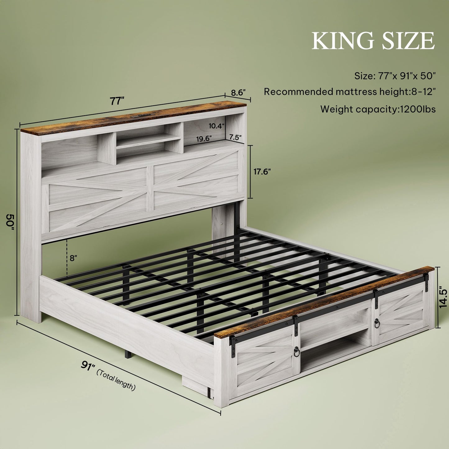 YITAHOME Farmhouse King Size Bed Frame with RGB LED Lights & Tail Drawer, Storage Bookcase Headboard with Charging Station, Sliding Barn Door, Metal Slats, No Box Spring Needed, Noise-Free, White