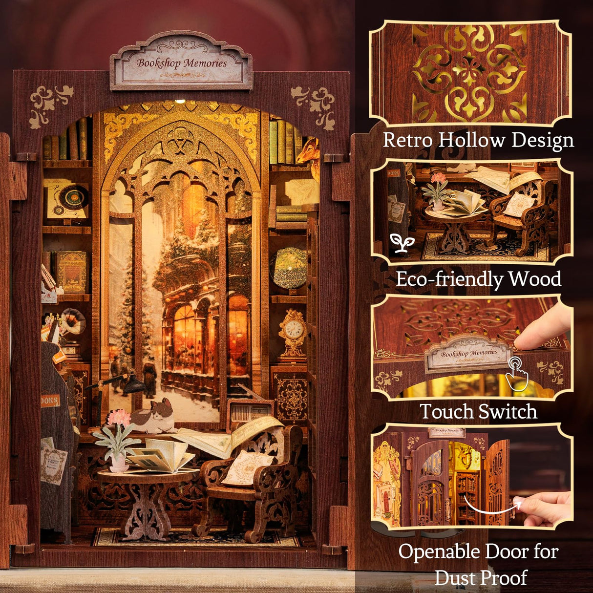 CUTEBEE DIY Book Nook Kit for Adults and Teens, DIY Wooden Miniature Tiny House Dollhouse Kit Bookshelf Booknook Bookcase Model Build Gift Kit Decor Alley with LED Light CUTEBEE