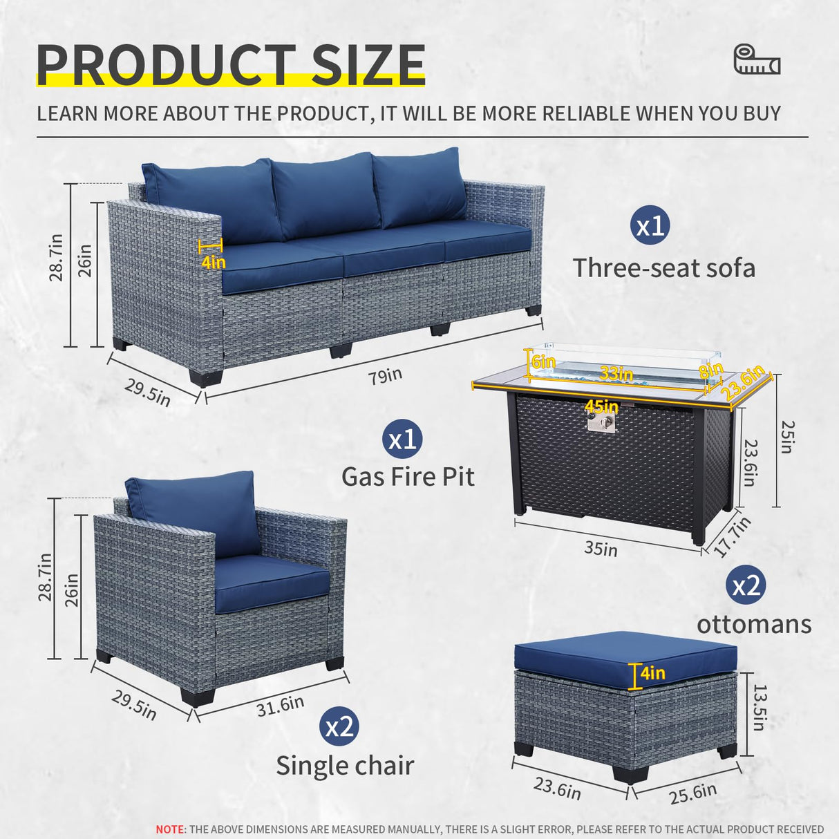 Lviden 6 Pieces Wicker Patio Furniture Sets Outdoor Conversation Set PE Rattan Sectional Sofa Couch with 45" Fire Pit Table and Royal Blue Cushions Lviden