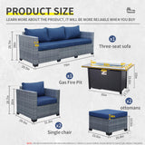Lviden 6 Pieces Wicker Patio Furniture Sets Outdoor Conversation Set PE Rattan Sectional Sofa Couch with 45" Fire Pit Table and Royal Blue Cushions Lviden