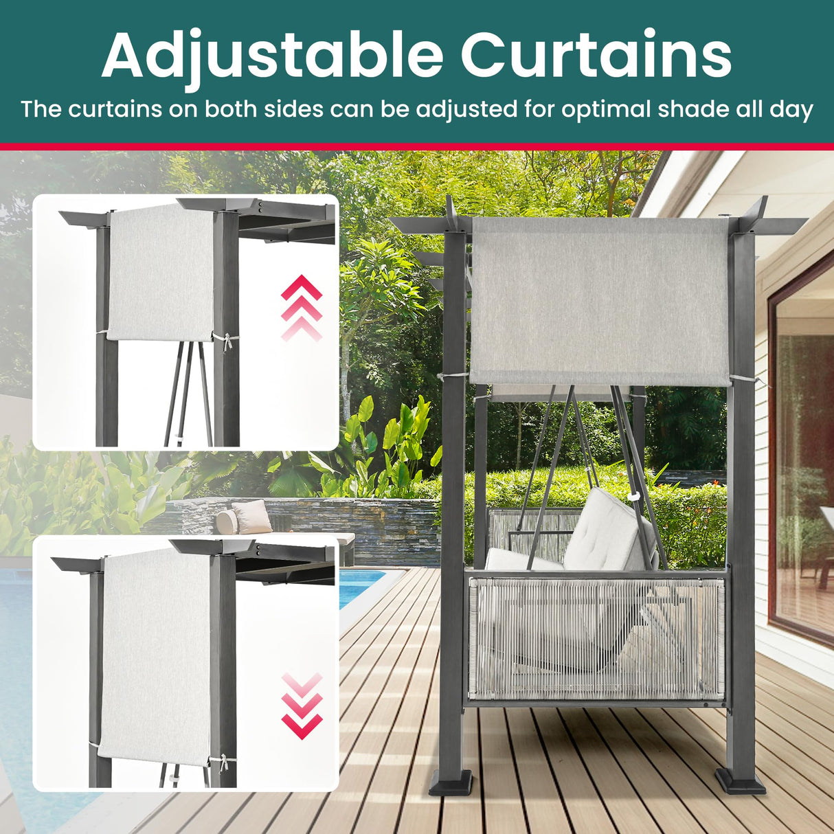 Pamapic 2-in-1 Convertible Porch Swing Bed, 3-Seat Elegant Patio Swing with Wicker Armrests, Outdoor Chair with Adjustable Canopy for Balcony, Garden, and Poolside, Gray Pamapic