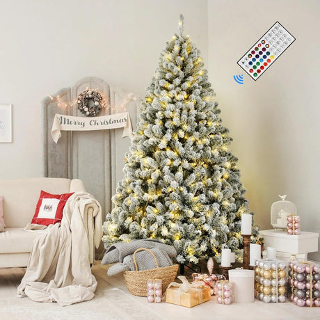 SHareconn 7.5ft Prelit Snow Flocked Artificial Holiday Christmas Tree with Remote (Upgraded), 470 Pre-Lit Multi-Color RGB Lights, Full Snow Branch Tips for Home, Office, Party Decoration, 7.5 FT SHareconn