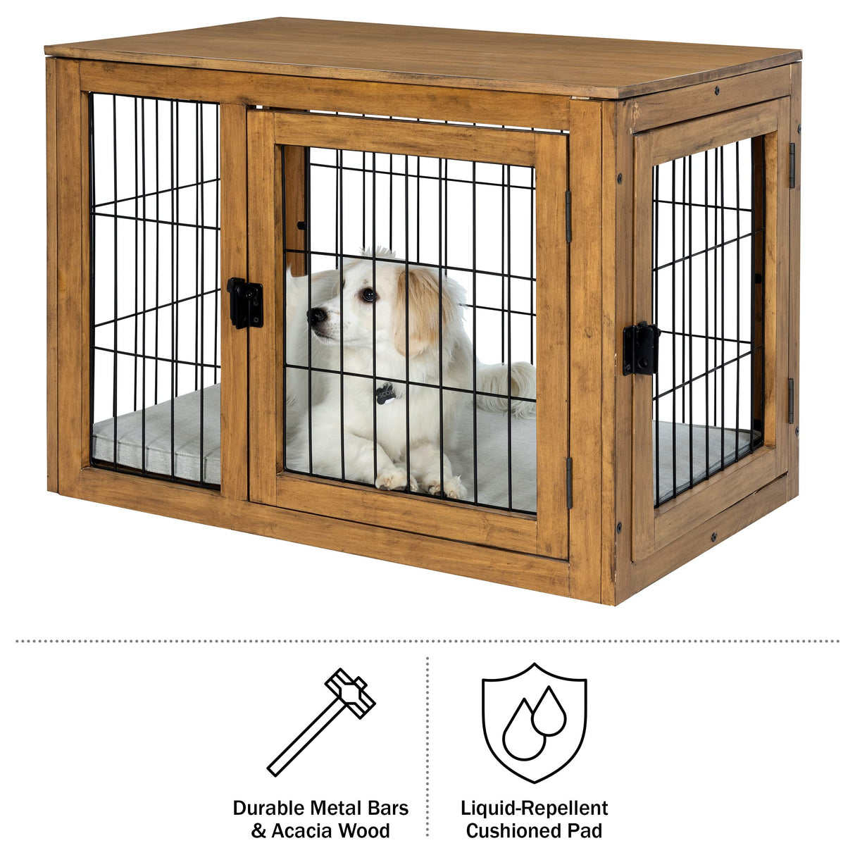Furniture-Style Dog Crate - Acacia Wood Kennel for Medium Dogs with Double Doors and Cushion - Dog Cage Furniture by PETMAKER (Natural) PETMAKER