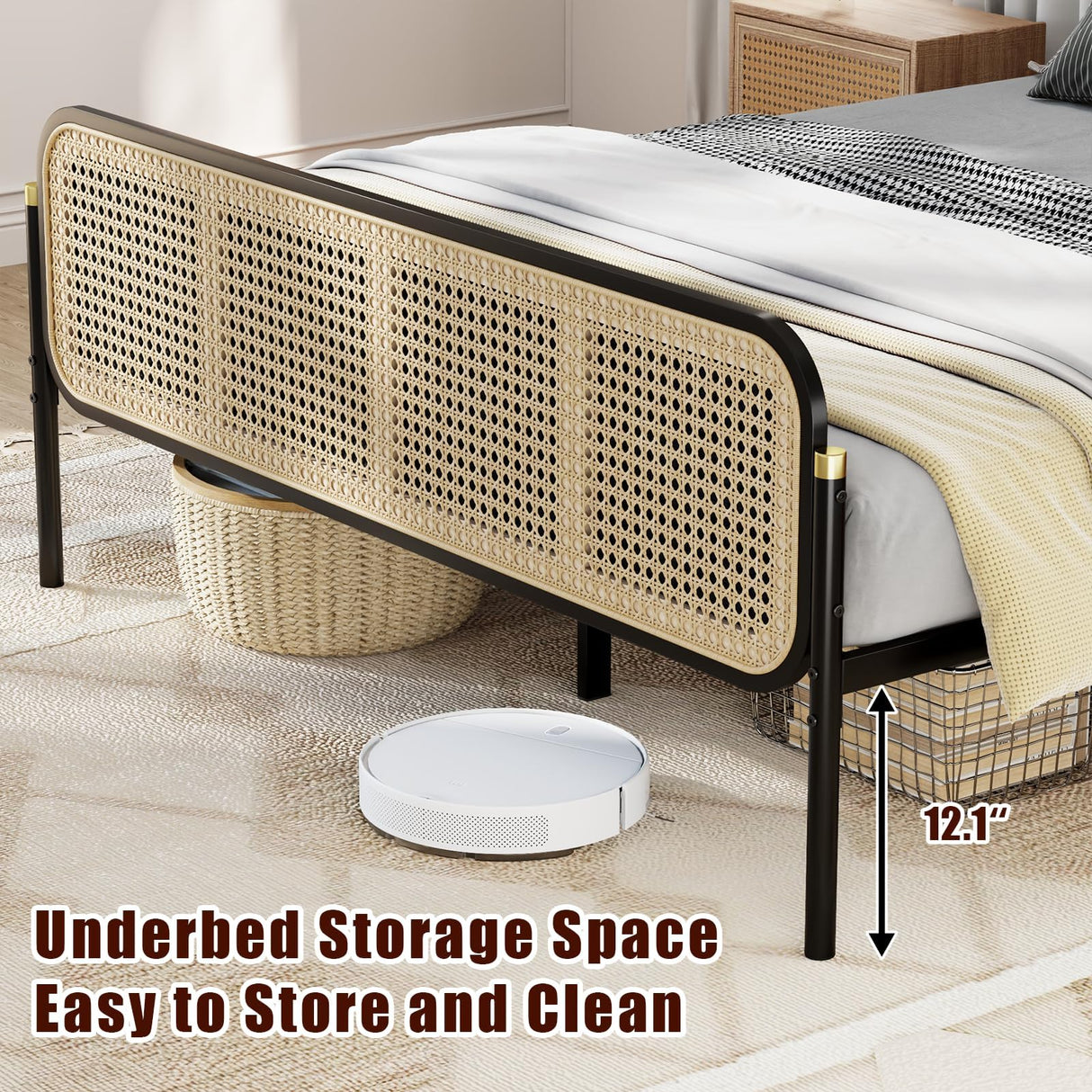 VOPEAK Rattan Bed Frame Full Size with Headboard, Boho Bed Frame, Full Bed Frame with Strong Metal Slats Support, Easy Assembly Mattress Foundation, Noise Free, No Box Spring Needed, Black VOPEAK