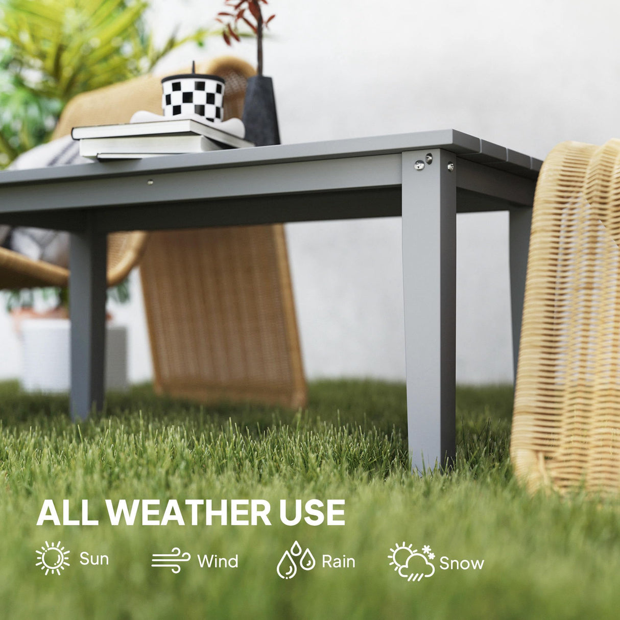 Outsunny HDPE Outdoor Coffee Table, All-Weather Rectangle Patio Coffee Table, Plastic Outdoor Patio Table with Slatted Tabletop for Garden, Balcony, Backyard, Gray Outsunny