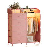 LUMTOK 2-in-1 Dresser with Hanging Racks,5 Fabric Drawers Dressers with LED Lights, Charging Station for Bedroom Living Room, Entryway, Closets (Pink) LUMTOK