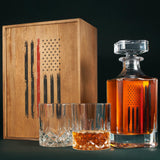 Firefighter Tactical Red Tattered American Flag USA Whiskey Gift Set | 730mL Decanter & 2 Whiskey Glass + Wood Gift Box | Fire Fighter, Gifts, Wine Decanter Airtight, Fire Department FD, Men, Dad, Him The Wine Savant