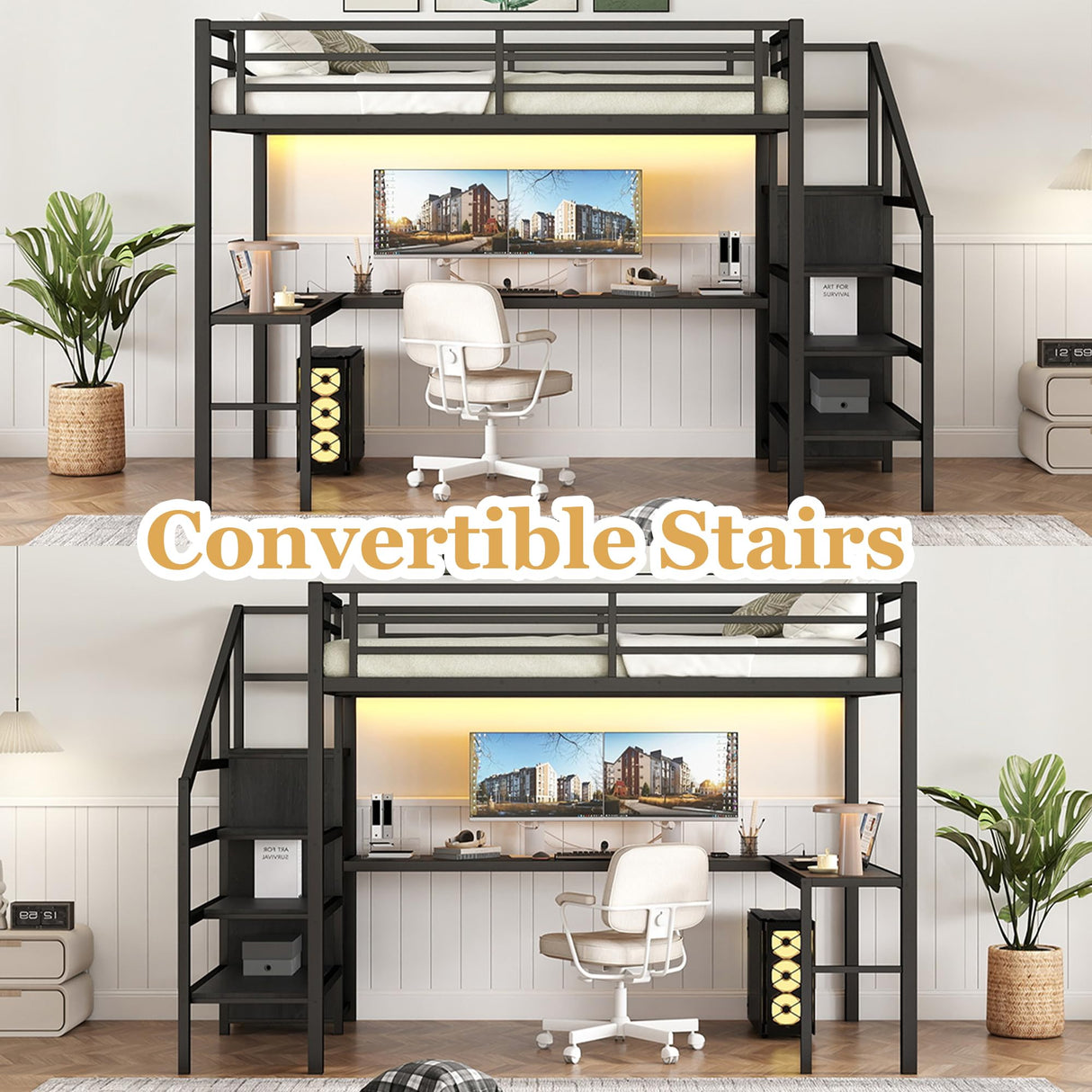 Bellemave Full Size Metal Loft Bed with L Shaped Desk and Wardrobe, Heavy Duty Loft Bed Frame with Storage Stairs, LED Loft Bed Frame with Charging Station & Safety Guardrails, Black Bellemave