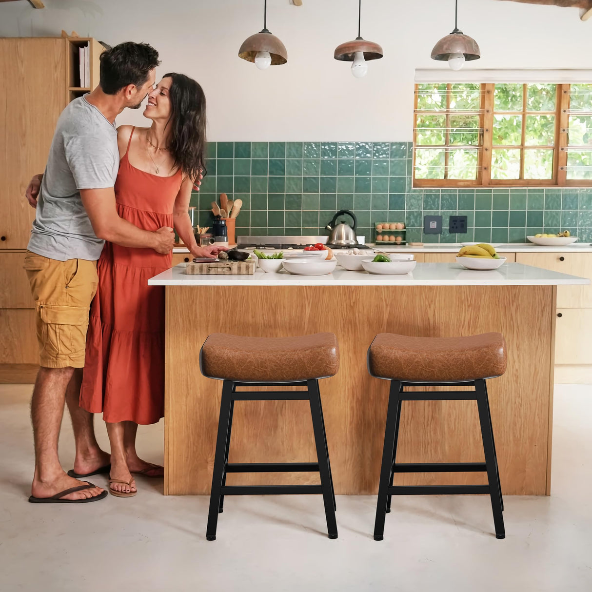 LONXIU Counter Height Bar Stools Set of 3, 24 Inch Backless BarStools for Kitchen Island Leather Saddle Bar Chairs Kitchen Stools with 4" Thick Seats & Heavy Duty Metal Base, Brown LONXIU