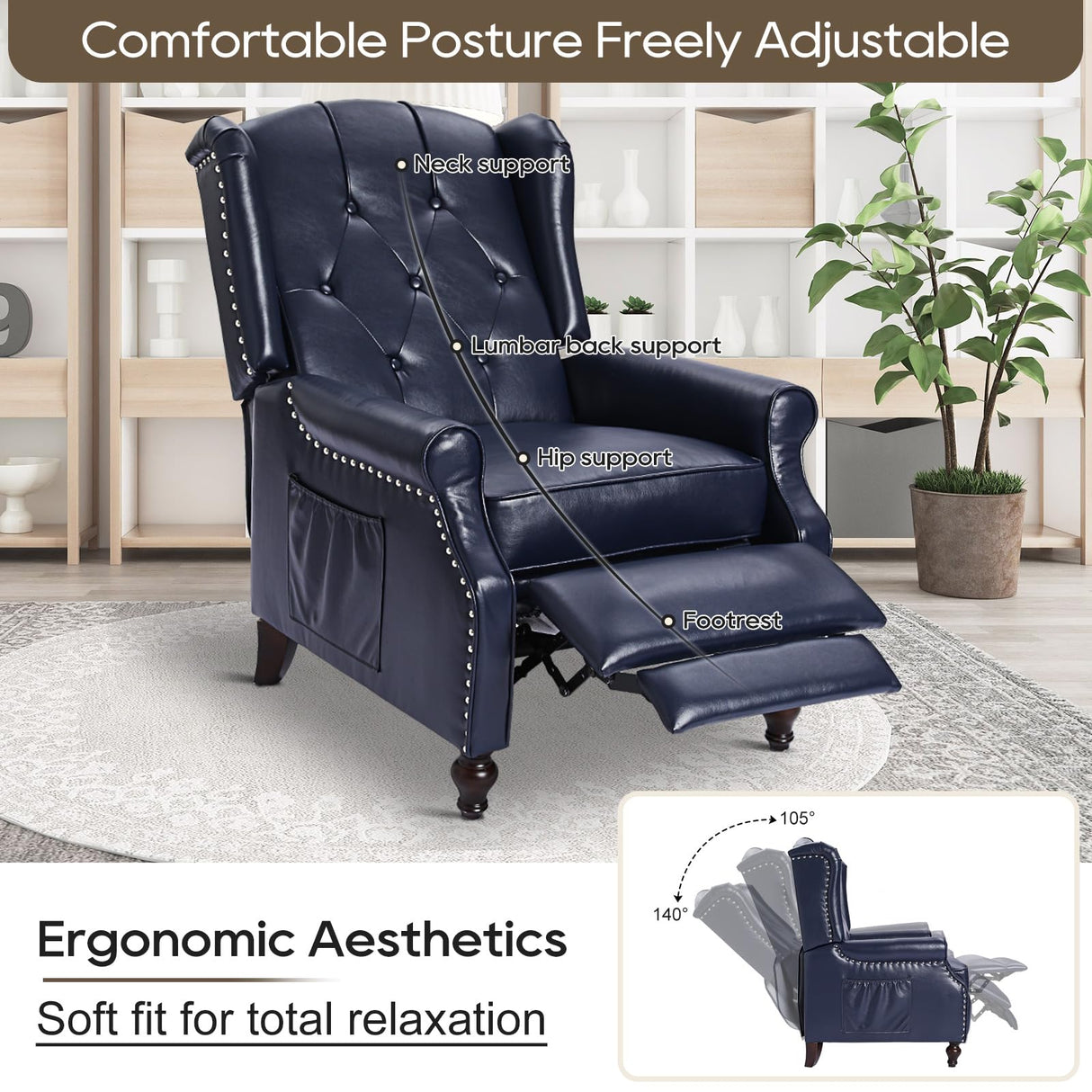 PALLOME Wingback Recliner Chair with Massage and Heat PU Leather Push Back Arm Chair, Recliner Chair for Living Room Bedroom Home Theater (2,Navy Blue) PALLOME