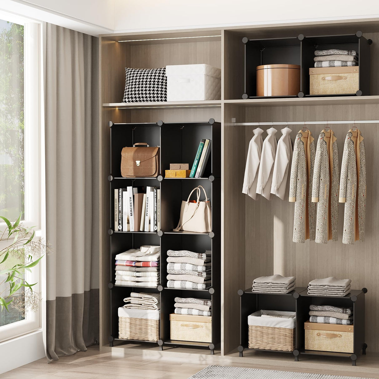 AWTATOS Cube Storage Organizer, Storage Cubes Shelves Bookshelf, 6 Cube Closet Organizers and Storage, DIY Stackable Plastic Clothes Organizer Shelving for Bedroom, Home, Black AWTATOS