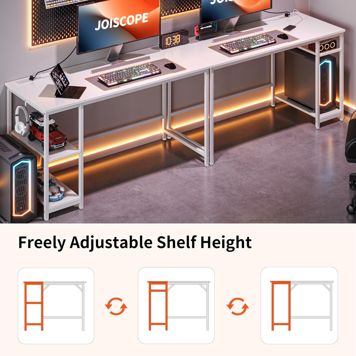 JOISCOPE Computer Desk with USB & Type-C Outlet, Home Office Desk with 2-Tier Storage Shelves, Modern Gaming Desktop Workstation, 60 inches, White JOISCOPE